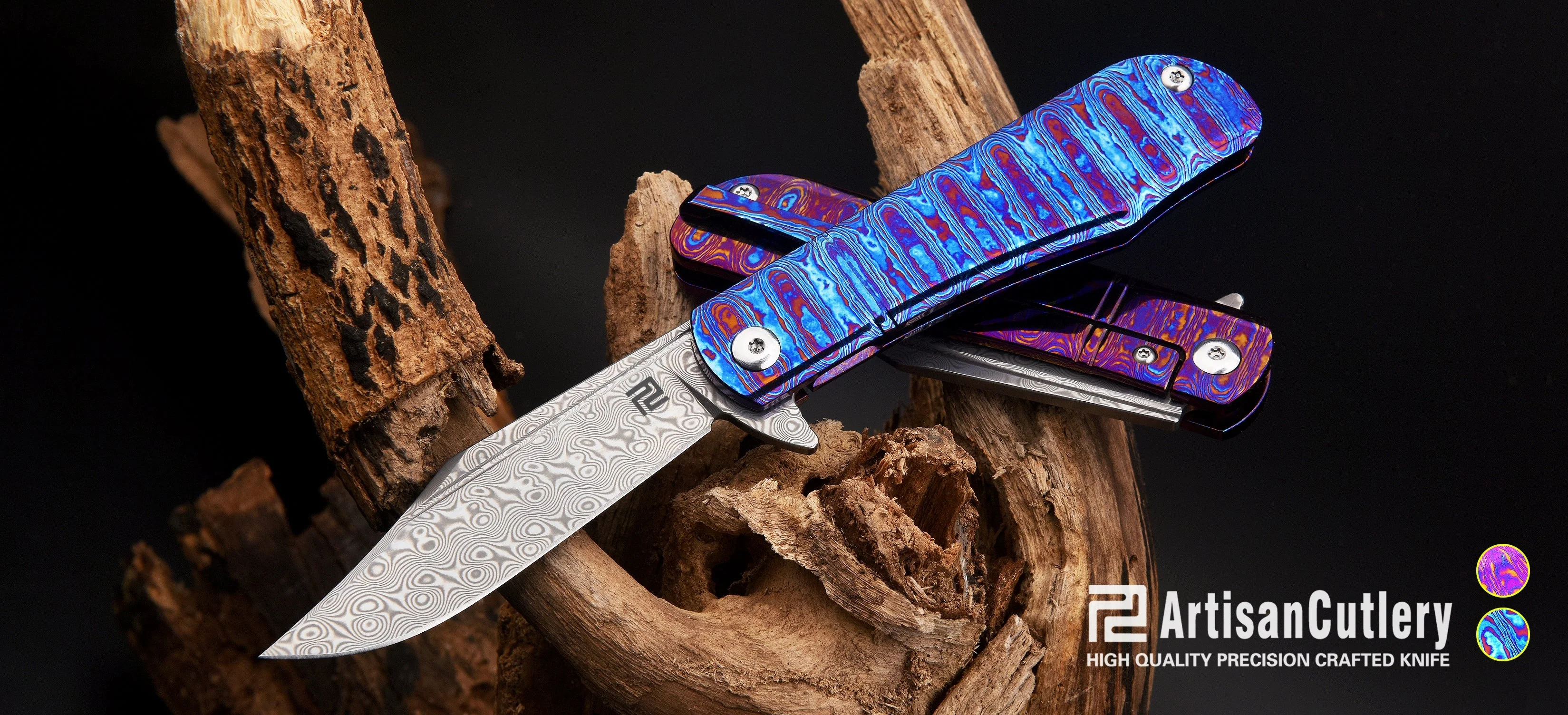Artisan Cutlery Hyperion ATZ-1834GSD Damascus Blade Titanium Damascus Handle Folding Knives - Image 3