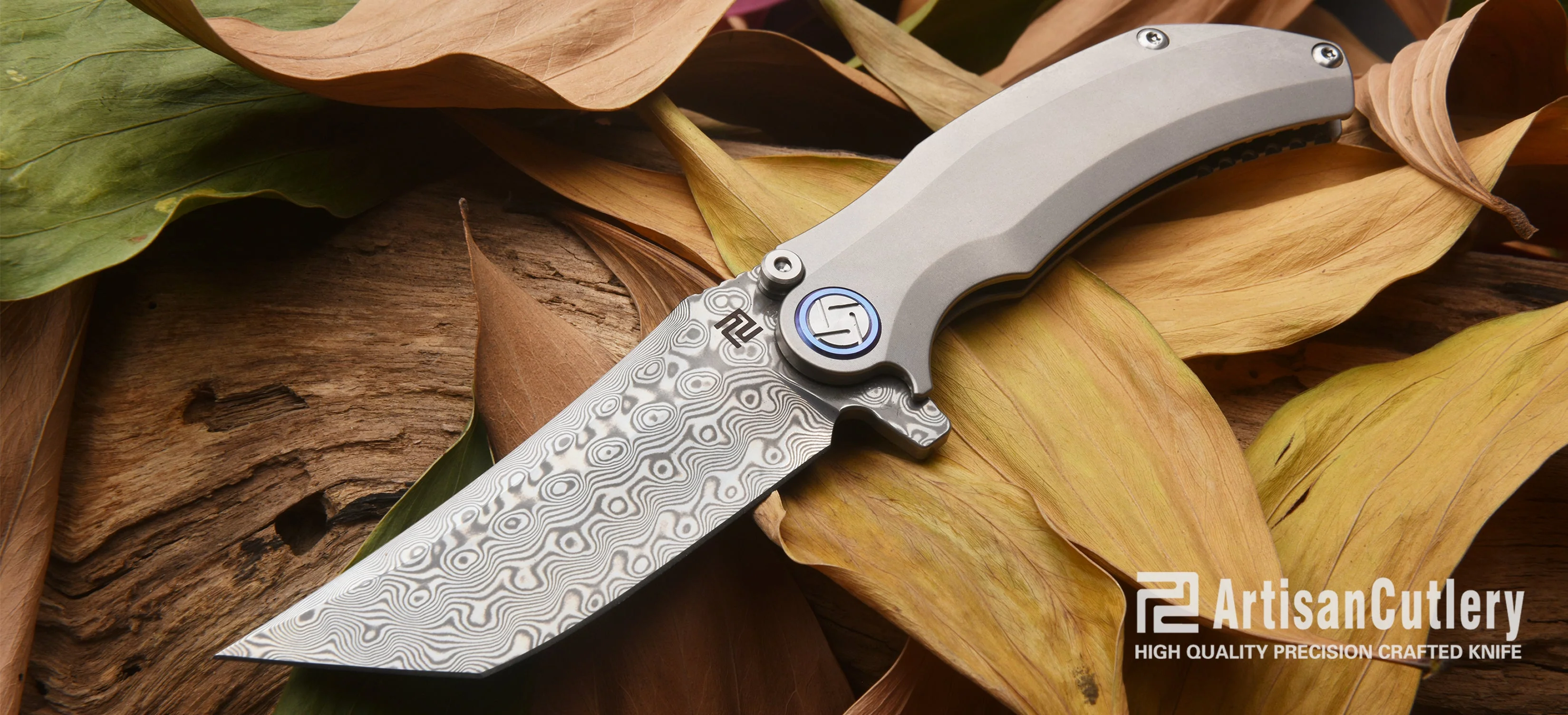 Artisan Cutlery Tacit ATZ-1838GD Damascus Blade Titanium Handle Folding Knives - Image 2
