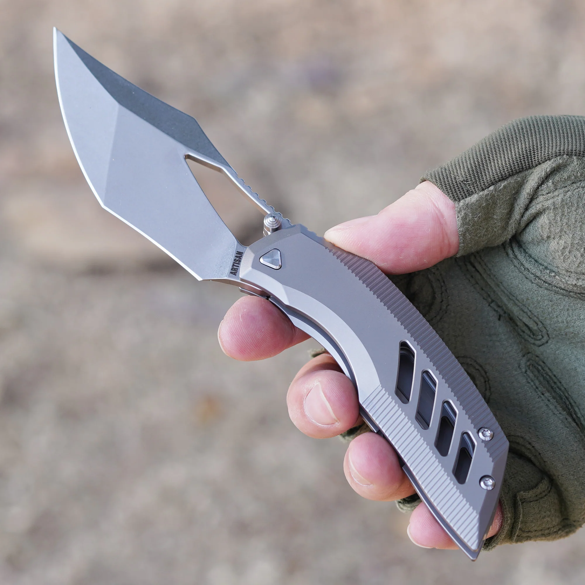 Artisan Cutlery Dark Wing Thumb Hole & Front Flipper Frame Lock EDC Knife Titanium Handle(3.63'' S35VN Stone Wash Blade ) 1887G-GY - Image 3