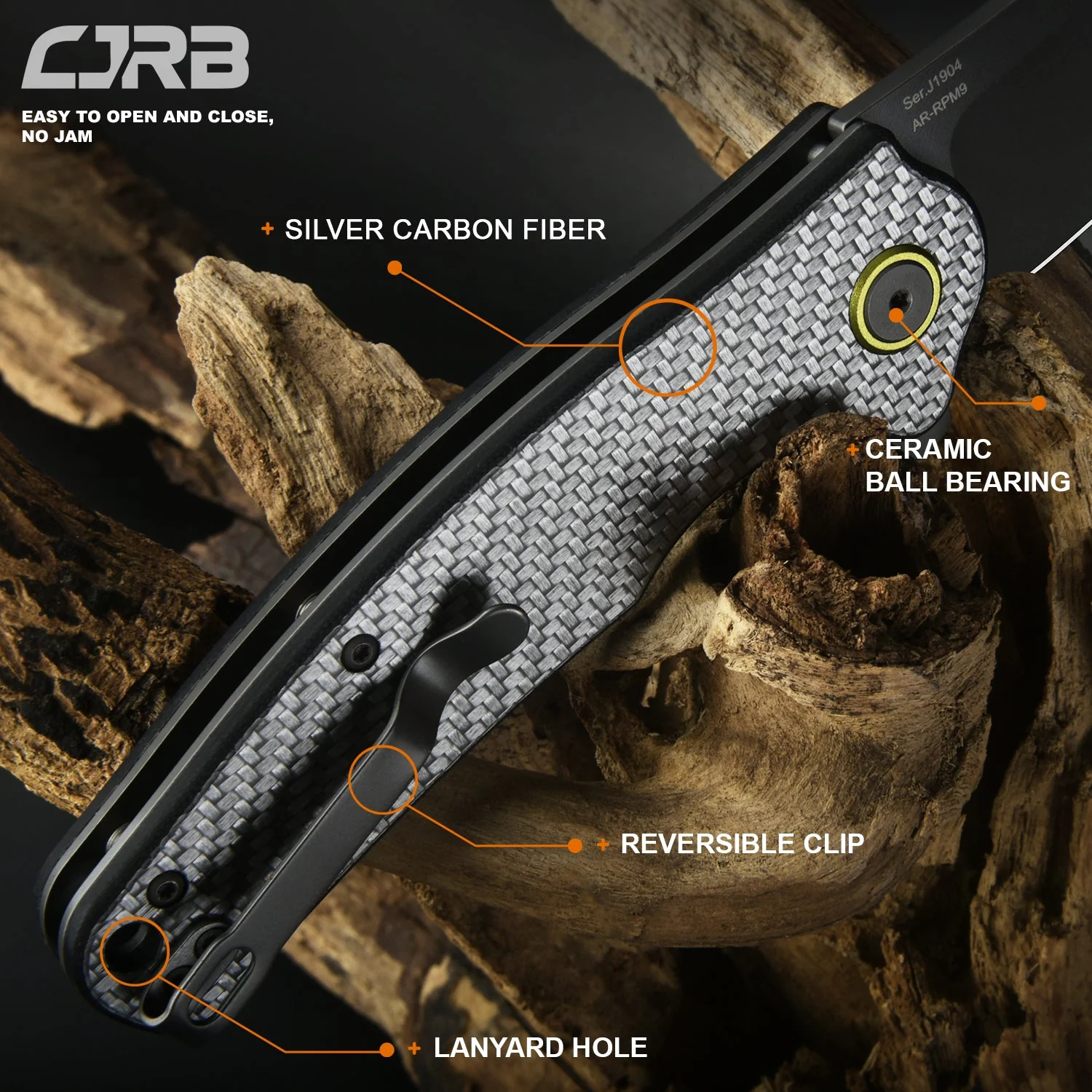 CJRB Crag J1904 AR-RPM9 Steel Silver Carbon Fiber Handle Folding Knives - Image 5