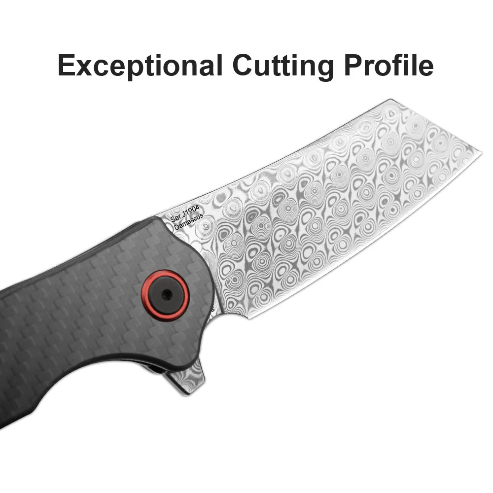 CJRB Crag J1904 Rose Damascus Blade Carbon Fiber Handle Folding Knives - Image 12