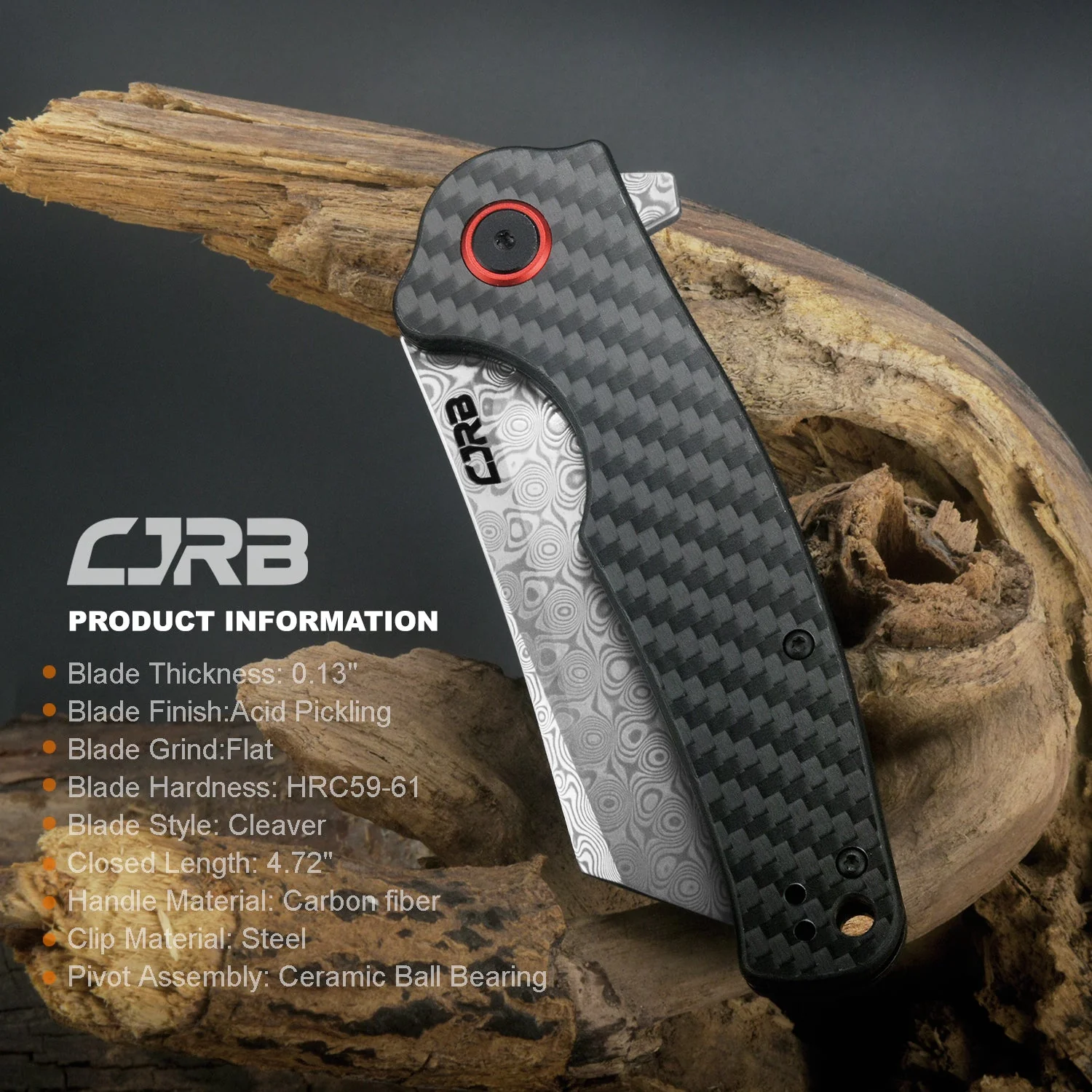 CJRB Crag J1904 Rose Damascus Blade Carbon Fiber Handle Folding Knives - Image 3