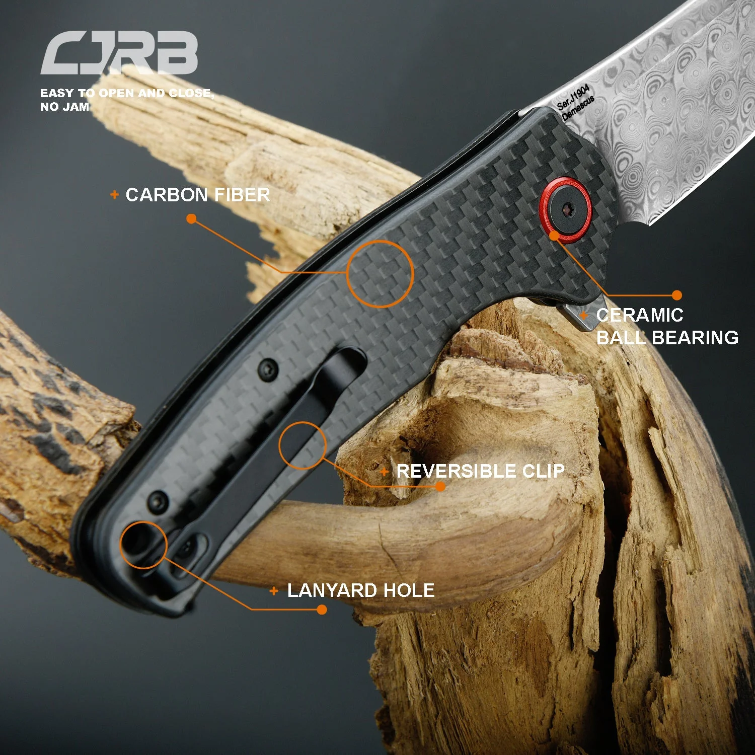 CJRB Crag J1904 Rose Damascus Blade Carbon Fiber Handle Folding Knives - Image 4