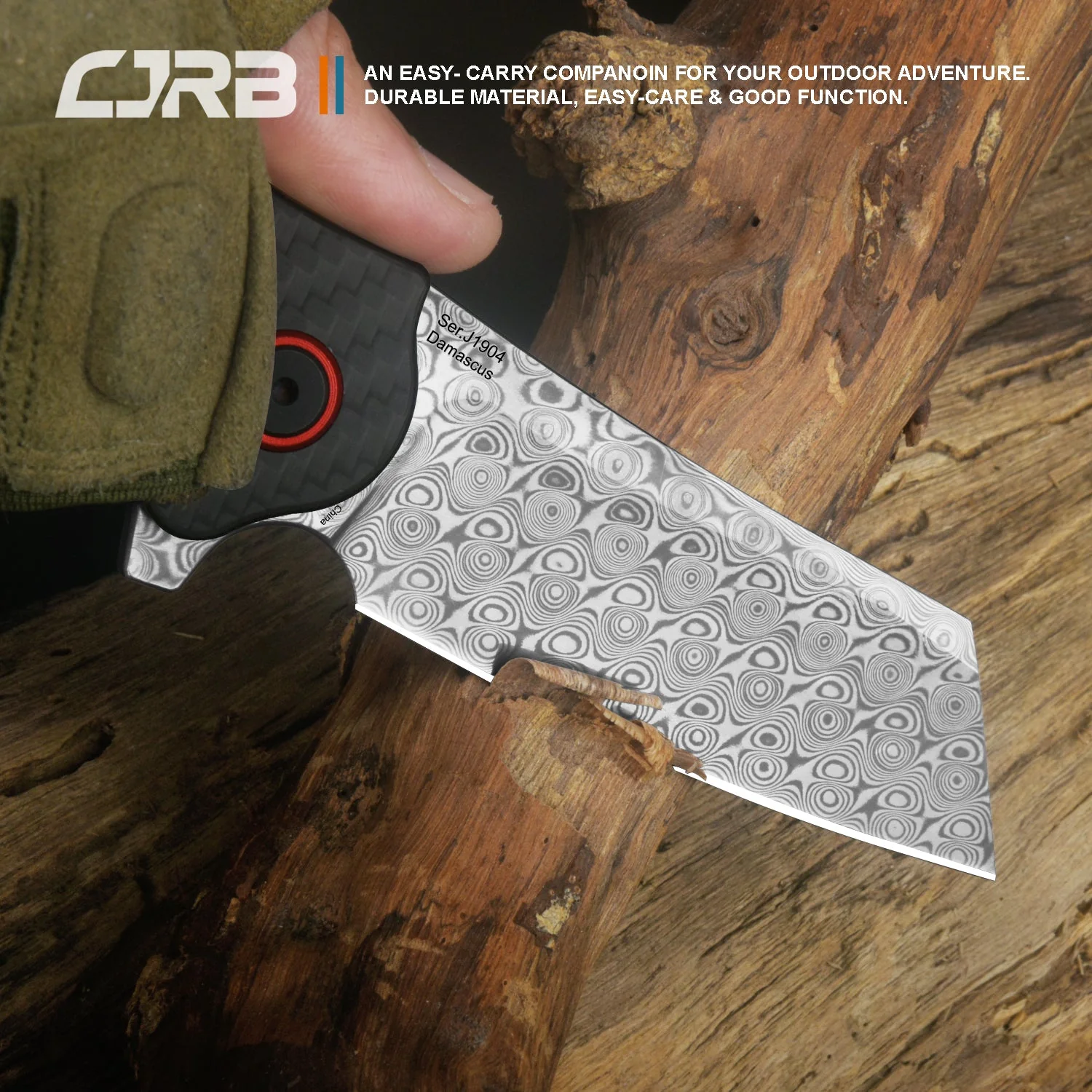 CJRB Crag J1904 Rose Damascus Blade Carbon Fiber Handle Folding Knives - Image 6