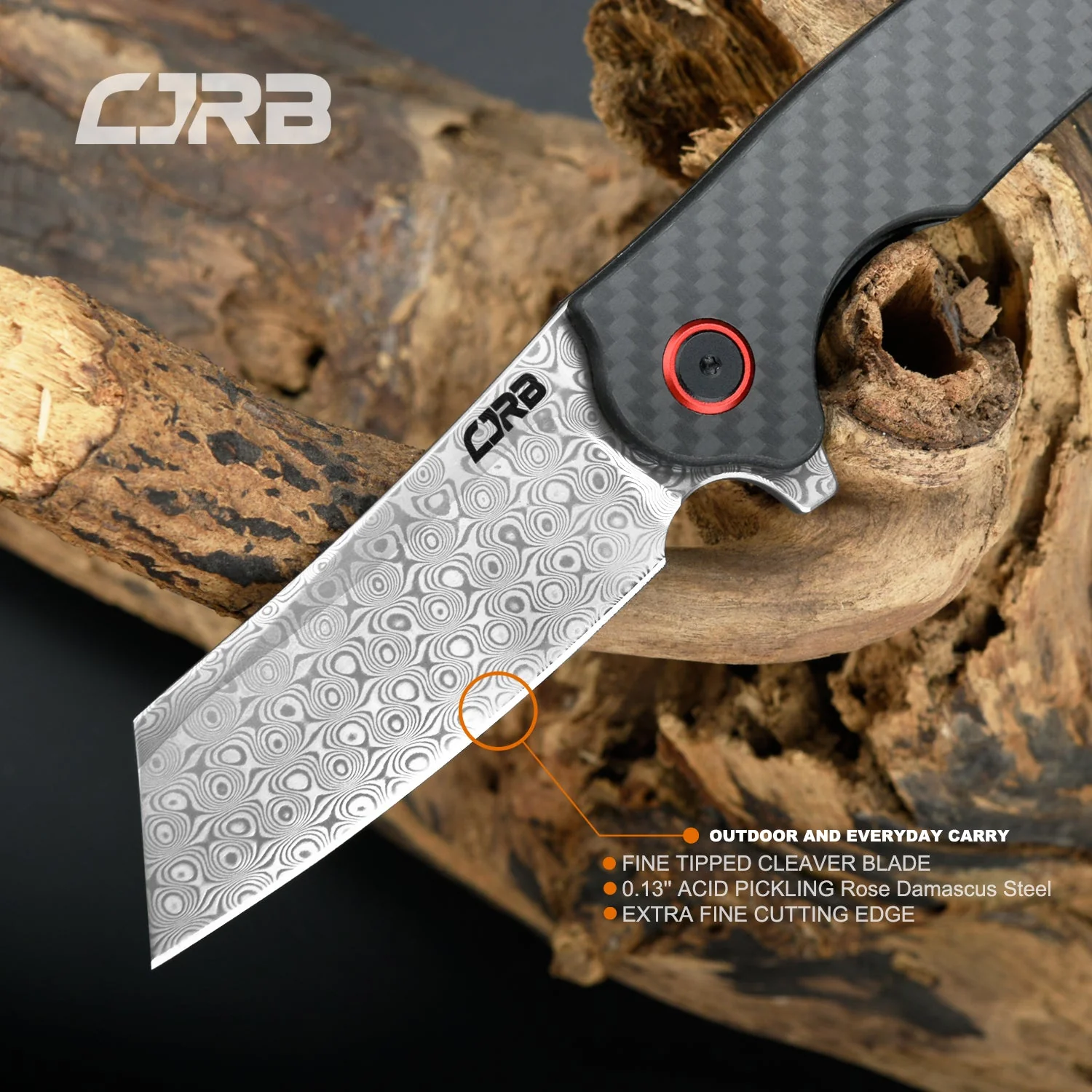 CJRB Crag J1904 Rose Damascus Blade Carbon Fiber Handle Folding Knives - Image 7