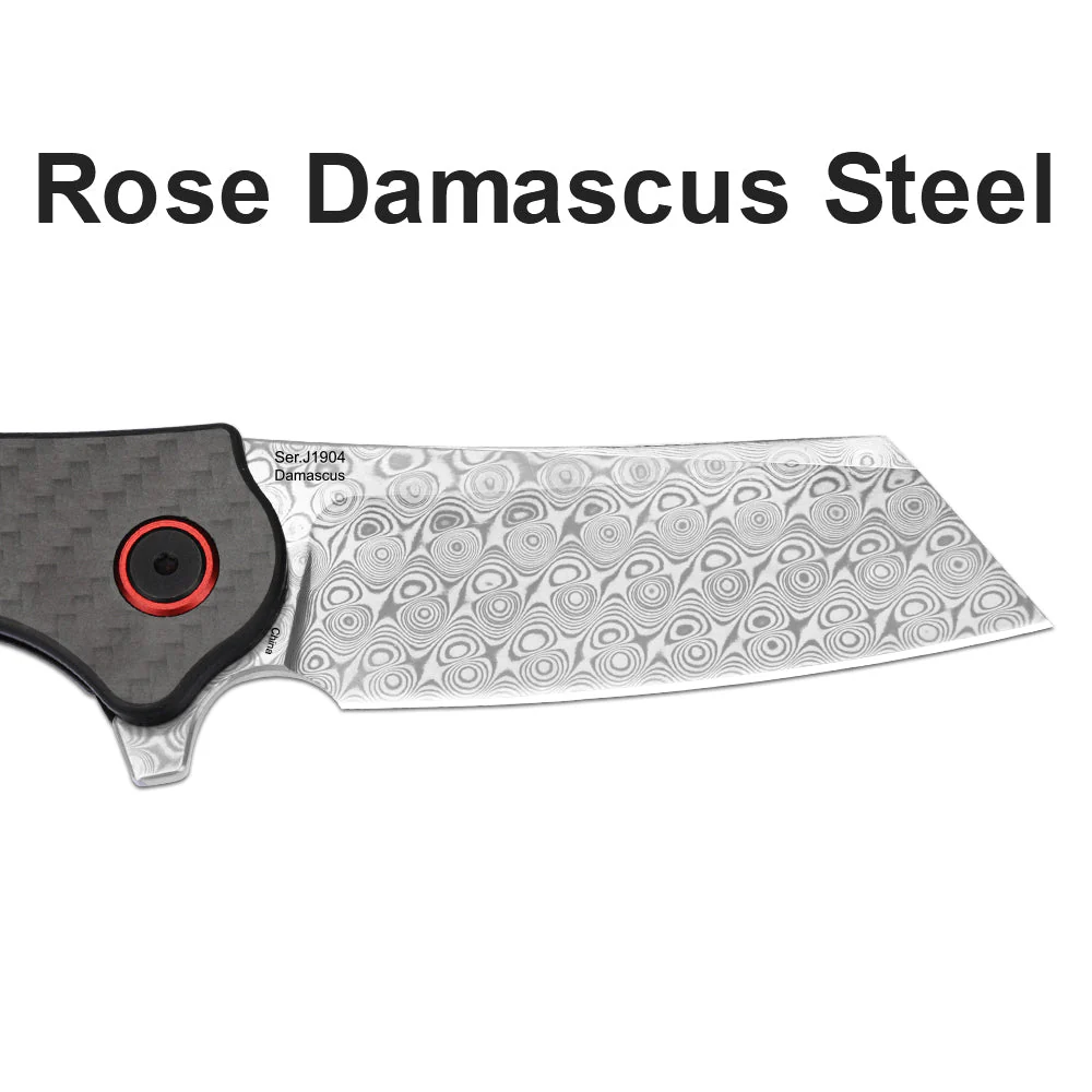 CJRB Crag J1904 Rose Damascus Blade Carbon Fiber Handle Folding Knives - Image 8
