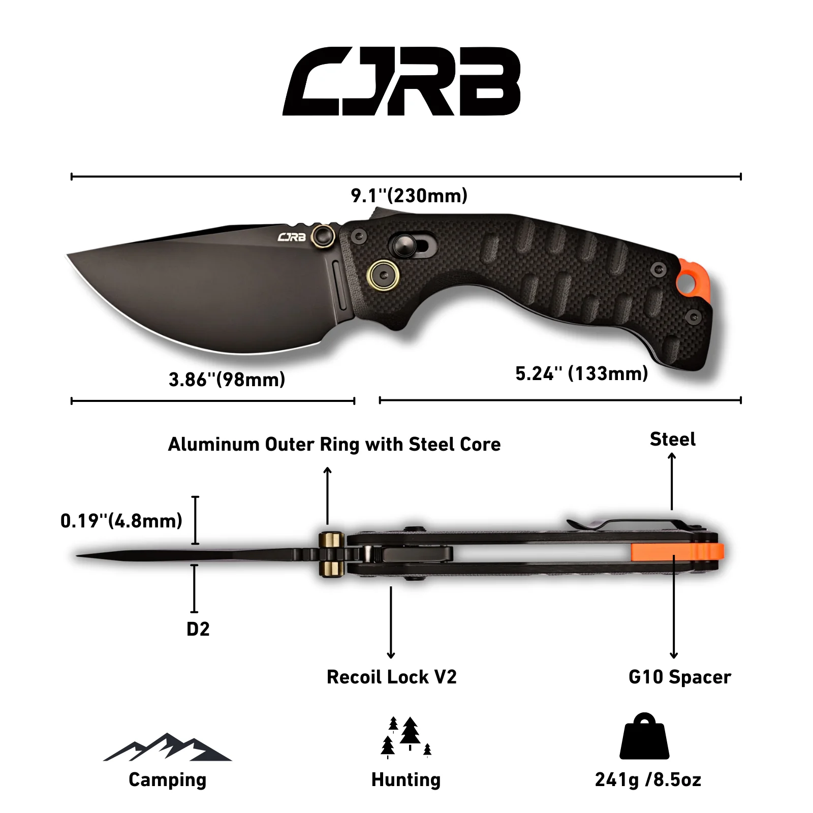 CJRB Doubletap Thumb Stud & Recoil Lock V2 Tatical Knife Black G10 Handle(3.86'' D2 Black PVD Coating Blade) J1970-BBK - Image 7