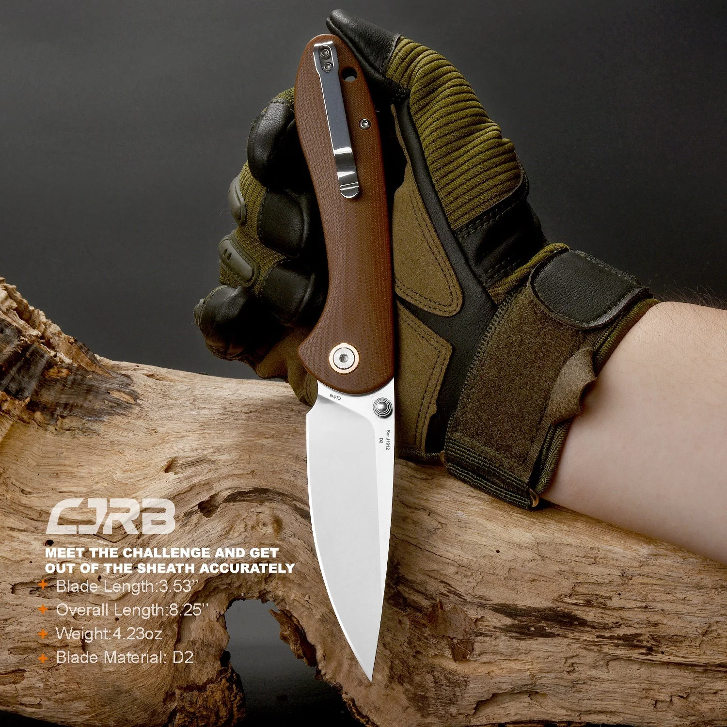 CJRB Feldspar J1912 AR-RPM9 Blade G10(Contoured & Cnc Pattern Texture) Handle Folding Knives - brown (J1912-BNC) - Image 6