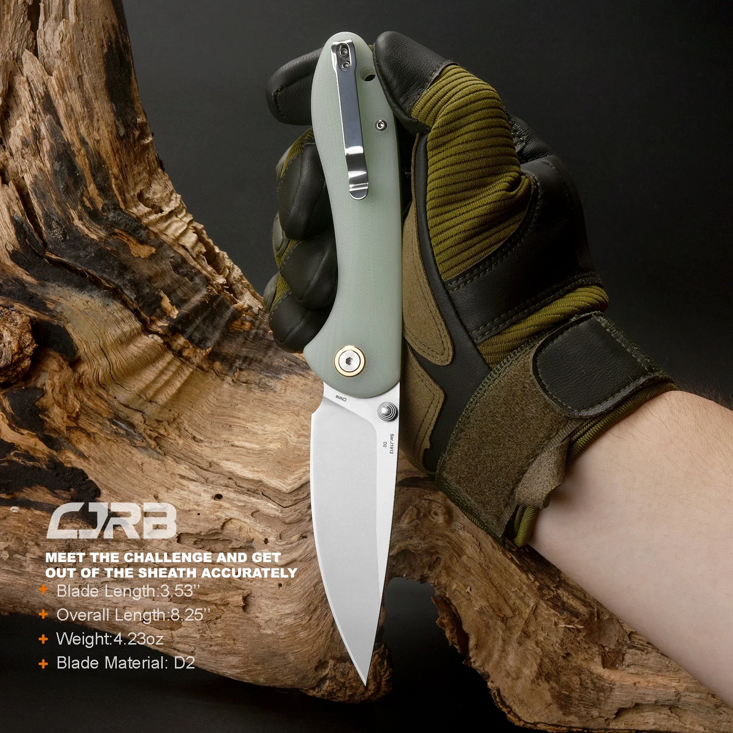 CJRB Feldspar J1912 AR-RPM9 Blade G10(Contoured & Cnc Pattern Texture) Handle Folding Knives - natural green (J1912-NTG) - Image 6