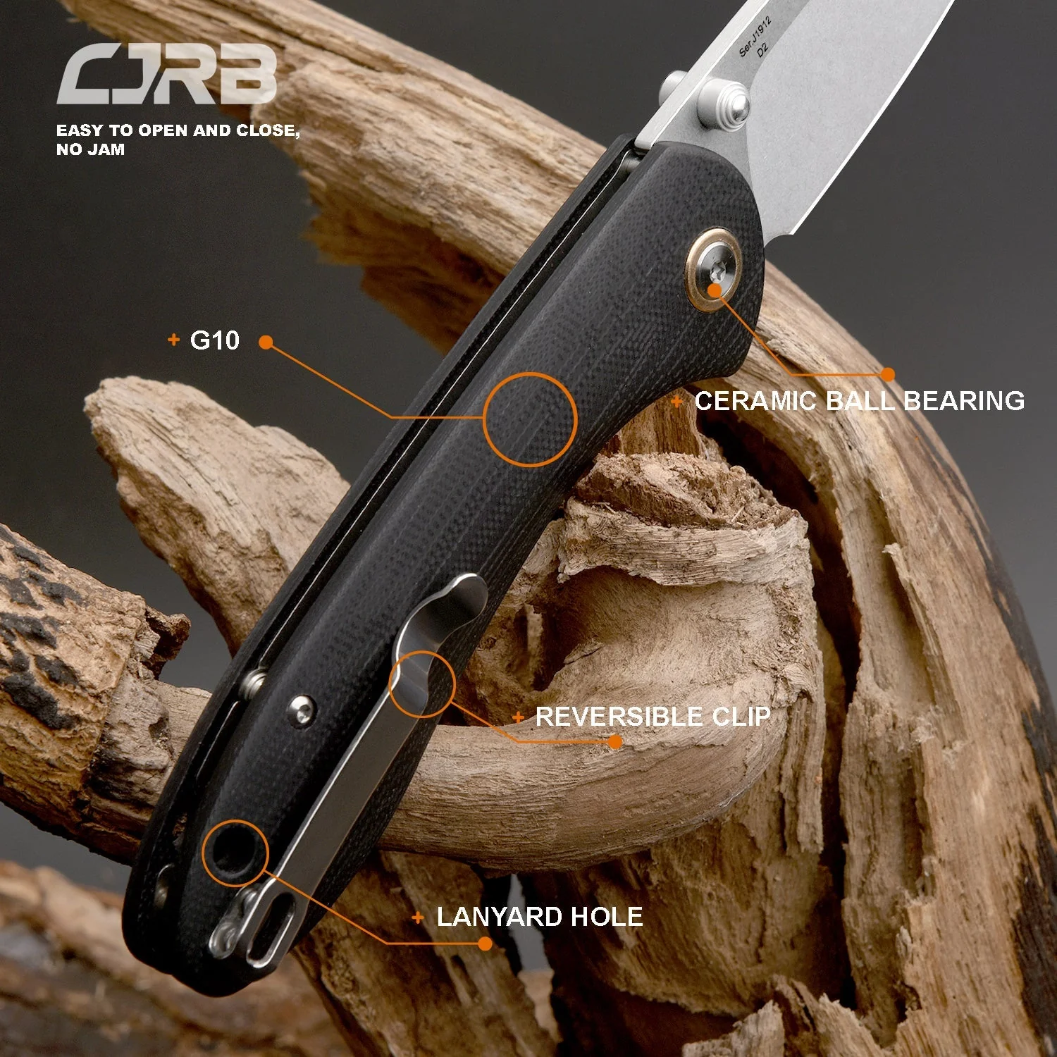 CJRB Feldspar J1912S D2 Blade G10(Contoured & Cnc Pattern Texture) Handle Folding Knives - Black (J1912S-BKC) - Image 7