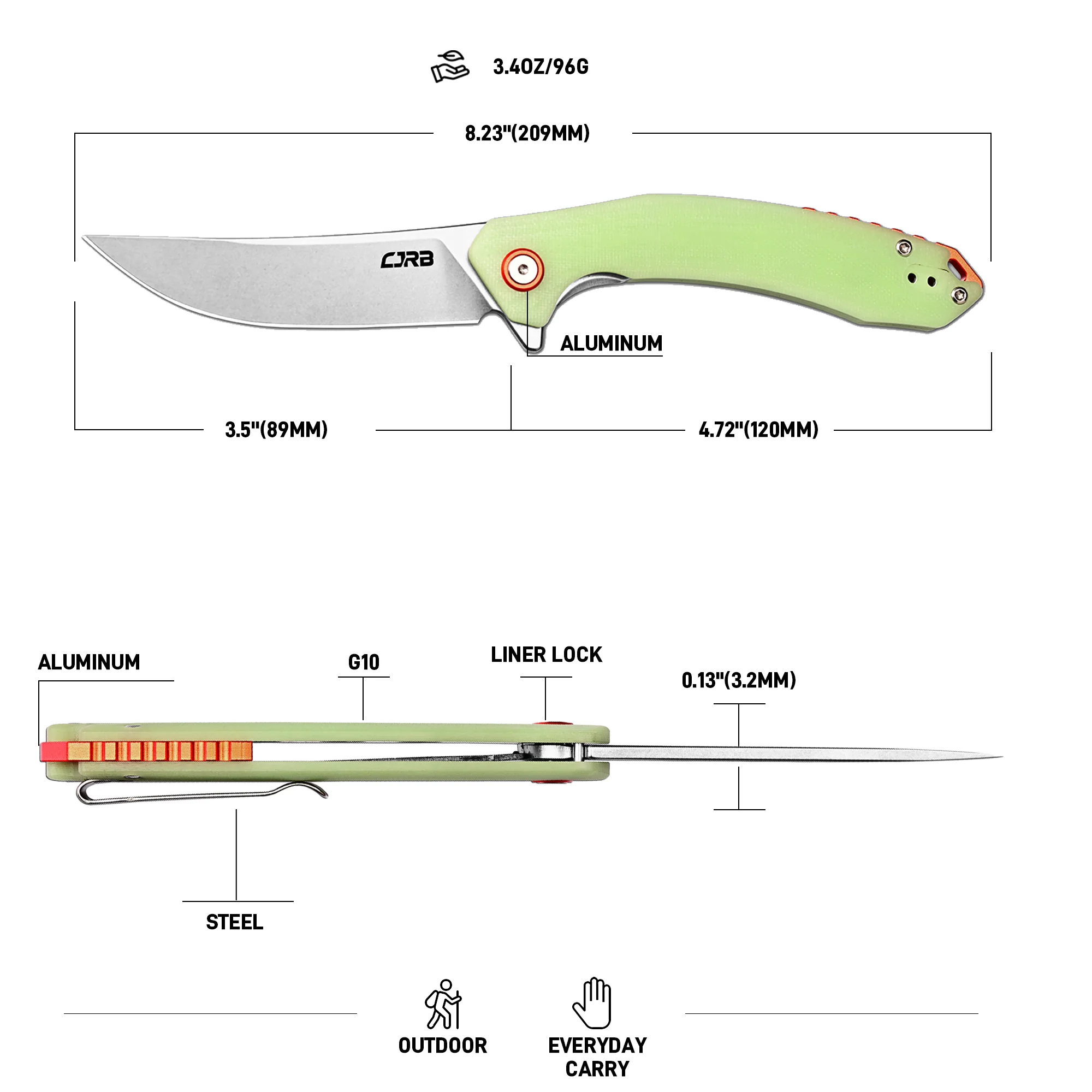 CJRB Gobi Flipper & Liner Lock G10(Glow In the Dark) Handle (3.5'' Stone Wash AR-RPM9 Blade) J1906-GD - Image 7