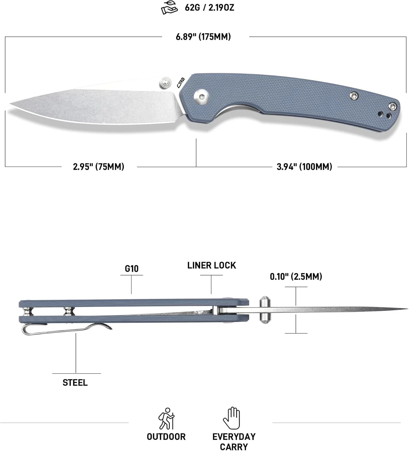CJRB Kain J1956 AR-RPM9 Steel Blade G10 Handle Folding Knives - Stone Wash/Gray G10 (J1956-GY) - Image 7