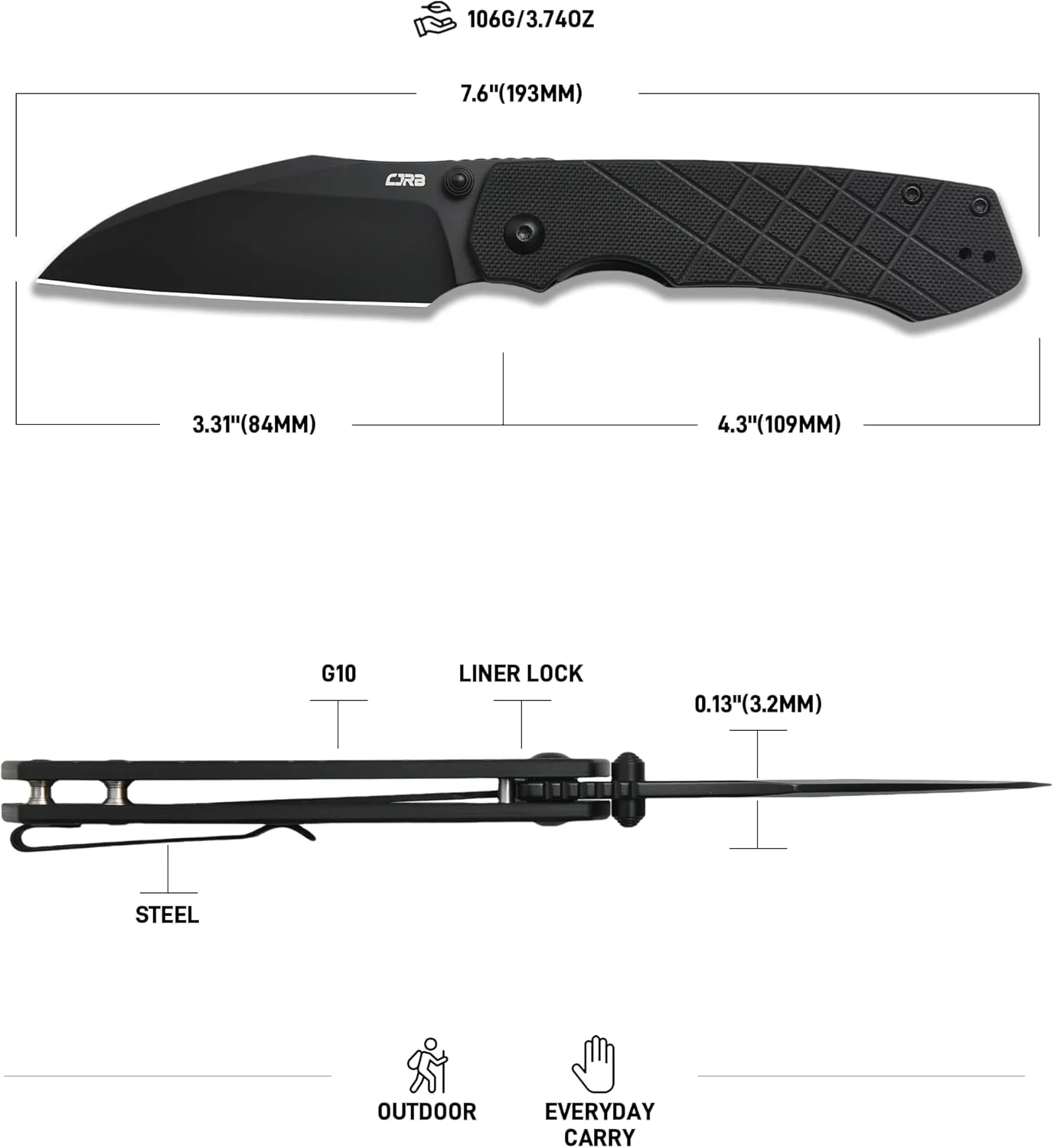 CJRB Kestrel J1962 AR-RPM9 Steel Blade G10 Handle Folding Knives - Black (J1962-BBK) - Image 7