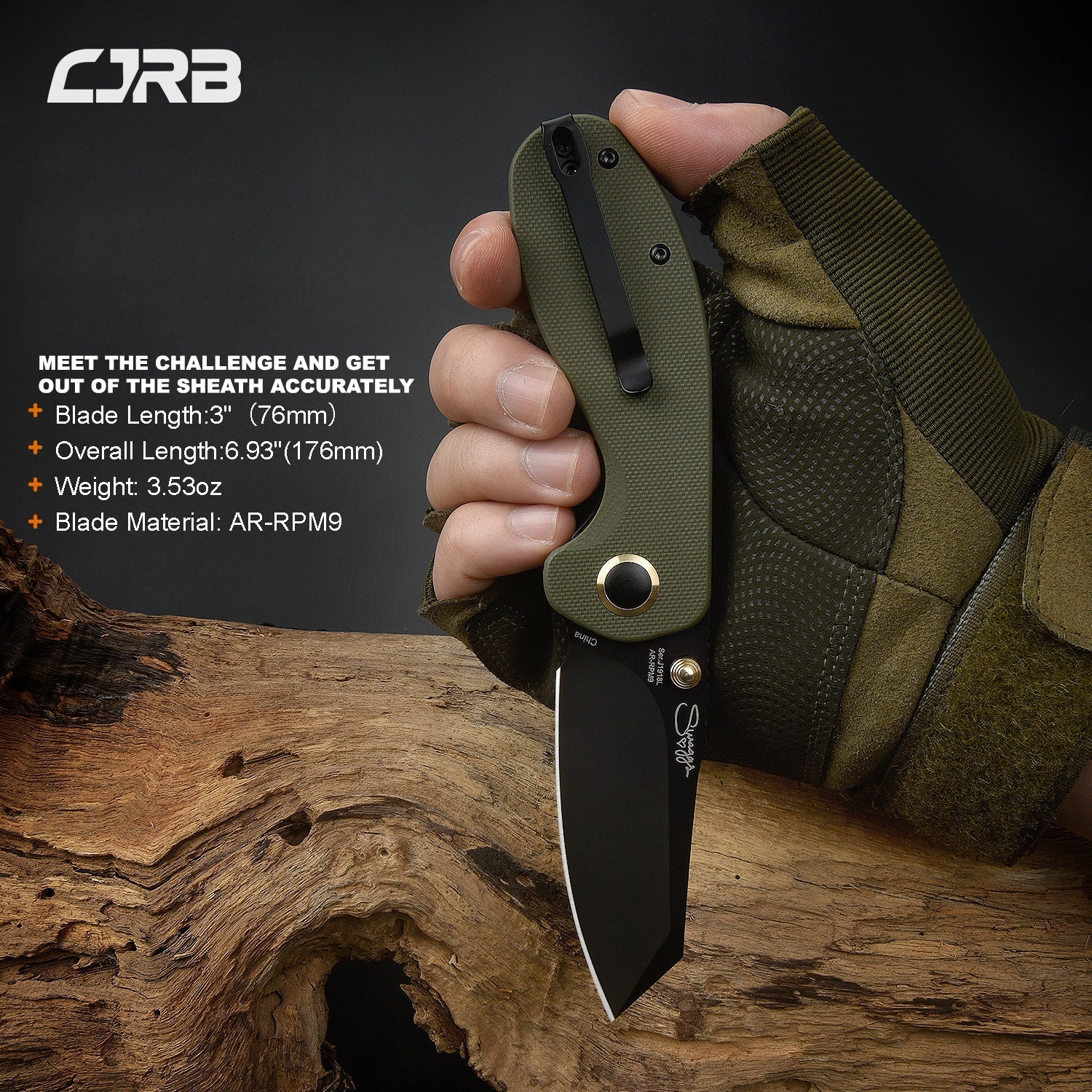 CJRB More Maileah J1918L Black Pvd Coated AR-RPM9  Steel Blade Folding Knives - Green (J1918L-BGN) - Image 3