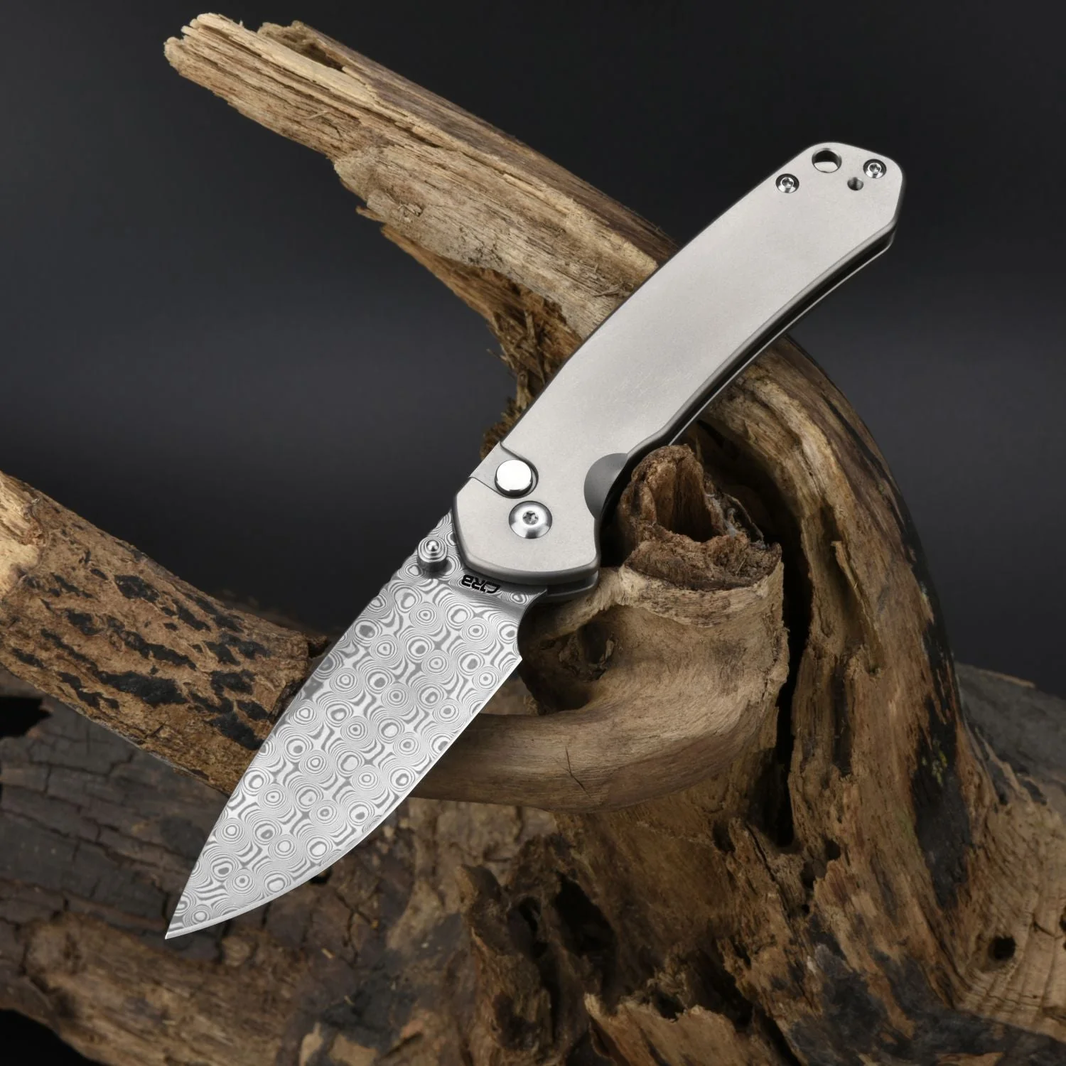CJRB Pyrite J1925 Damascus Blade Titanium Handle Folding Knives - Grey (J1925T-DM) - Image 5