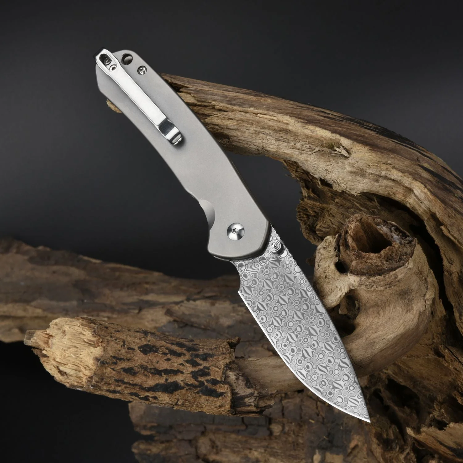 CJRB Pyrite J1925 Damascus Blade Titanium Handle Folding Knives - Grey (J1925T-DM) - Image 6