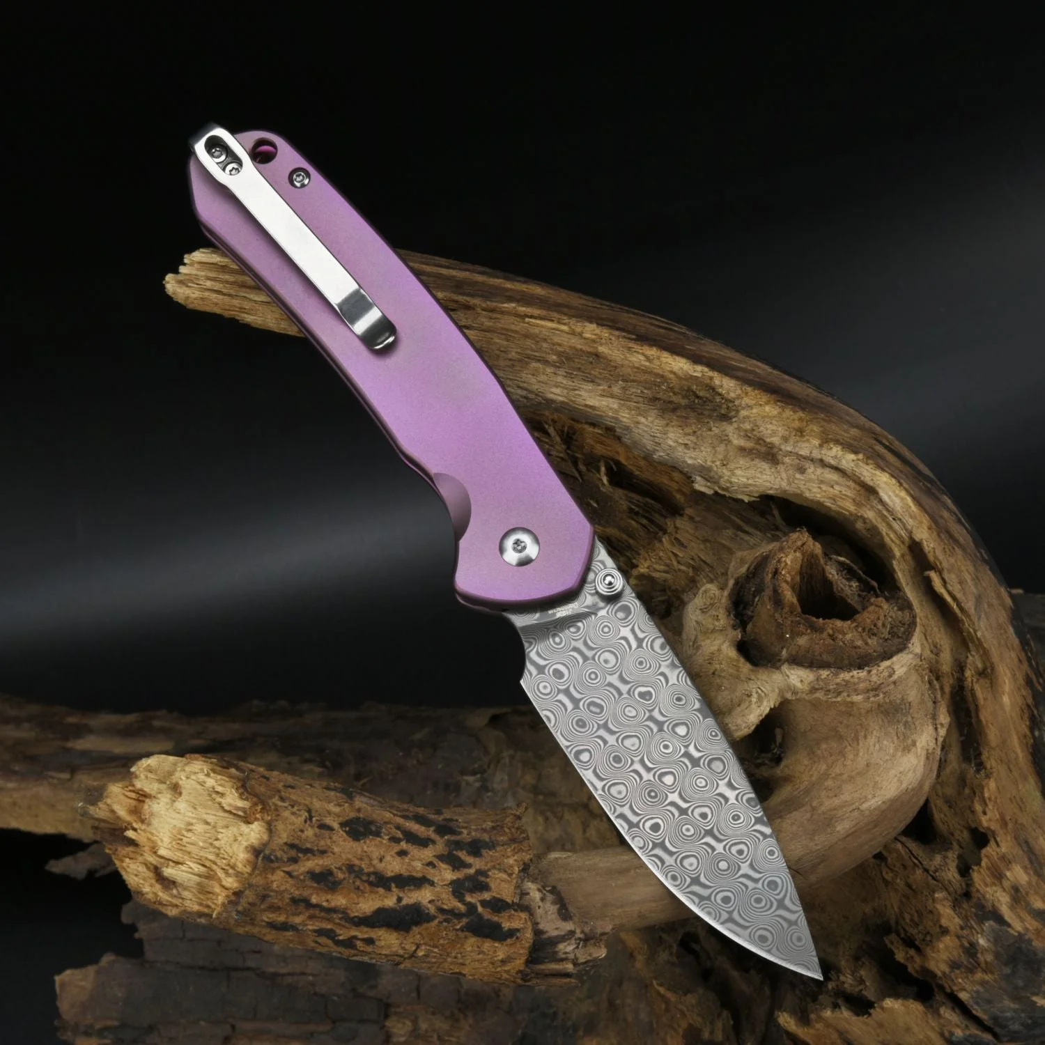 CJRB Pyrite J1925 Damascus Blade Titanium Handle Folding Knives - Rose (J1925T-RE) - Image 3