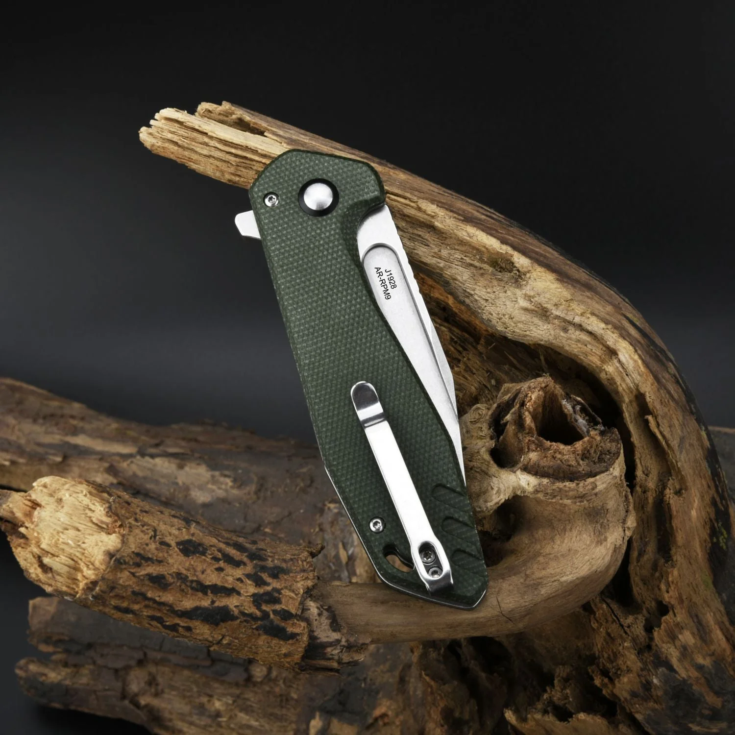 CJRB Riff J1928 AR-RPM9 Steel Blade Micarta Handle Folding Knives - Stone Wash / Green Micarta (J1928-MGN) - Image 4