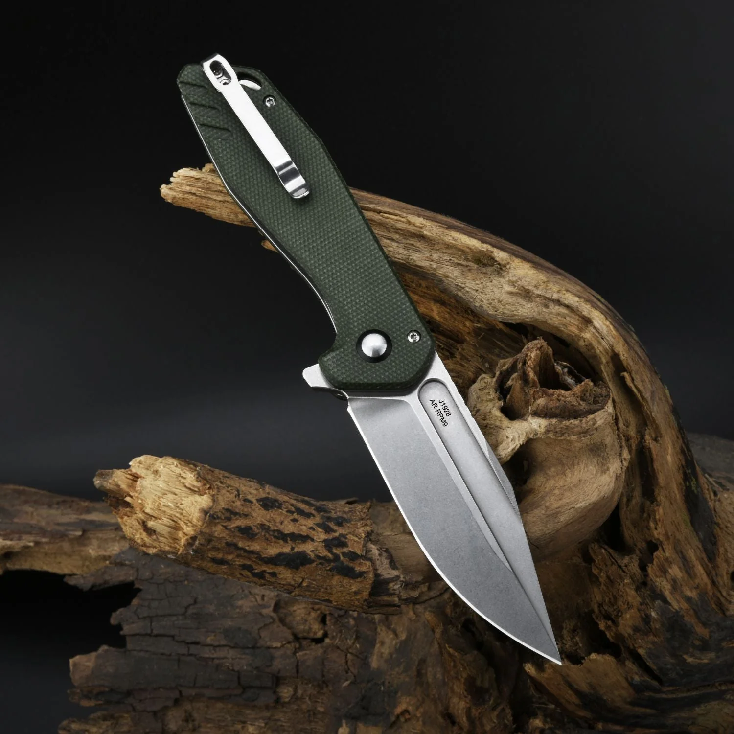CJRB Riff J1928 AR-RPM9 Steel Blade Micarta Handle Folding Knives - Stone Wash / Green Micarta (J1928-MGN) - Image 5