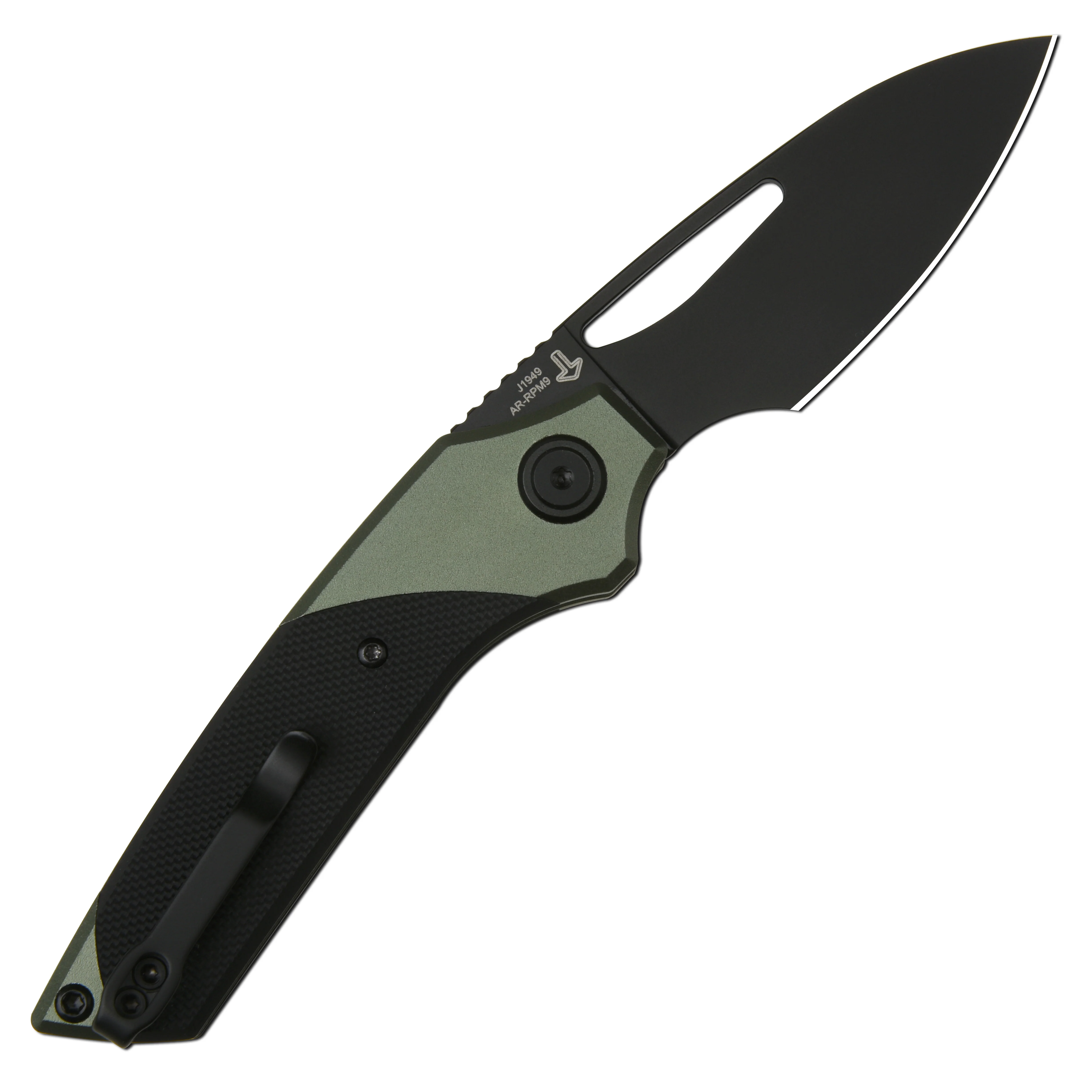 CJRB Version J1949 AR-RPM9 Blade Aluminum and G10 Handle Folding Knives - Black PVD / Green Aluminum& Black G10 (J1949-BBK) - Image 4