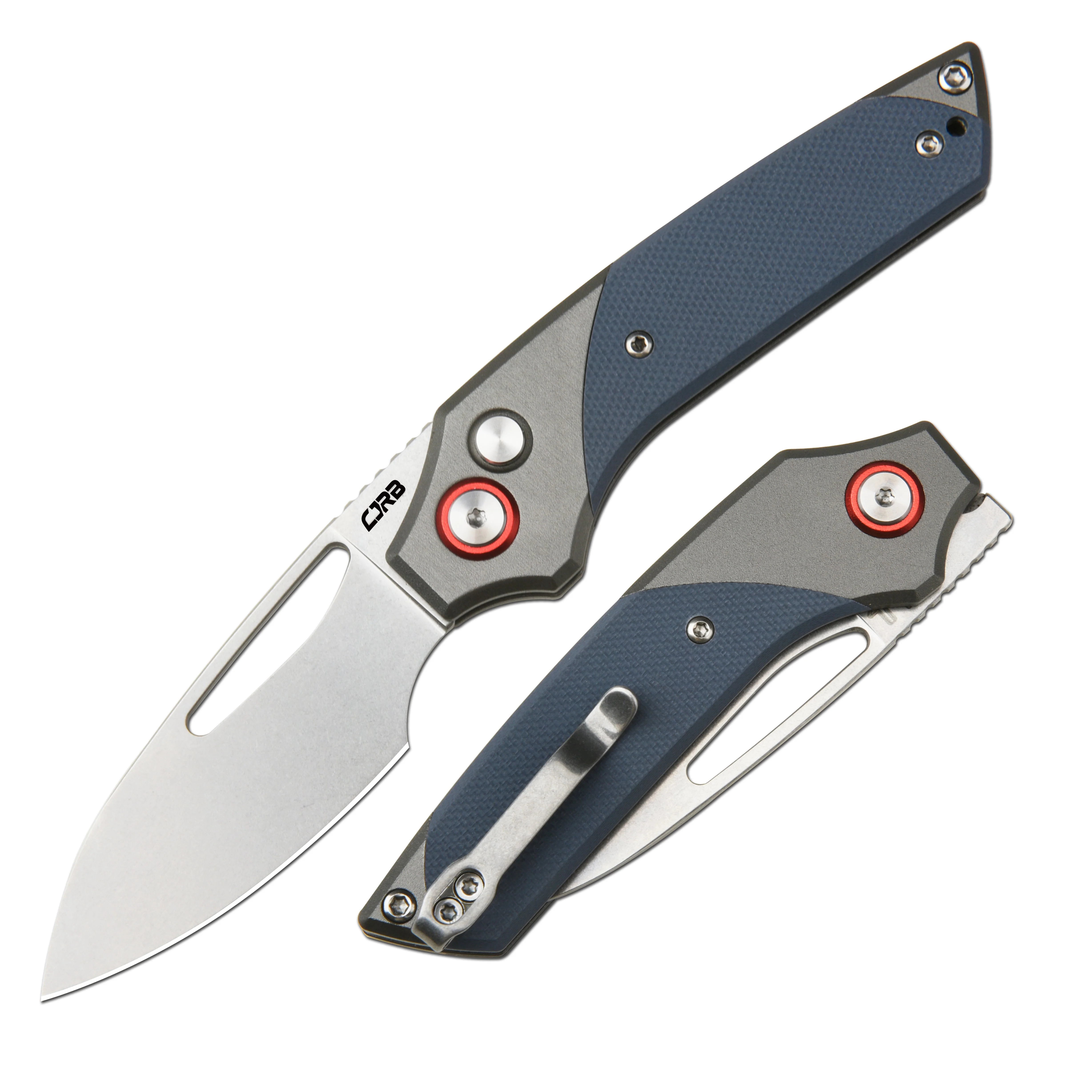 CJRB Version J1949 AR-RPM9 Blade Aluminum and G10 Handle Folding Knives - Stone Wash / Gray Aluminum& Blue G10 (J1949-GY) - Image 2