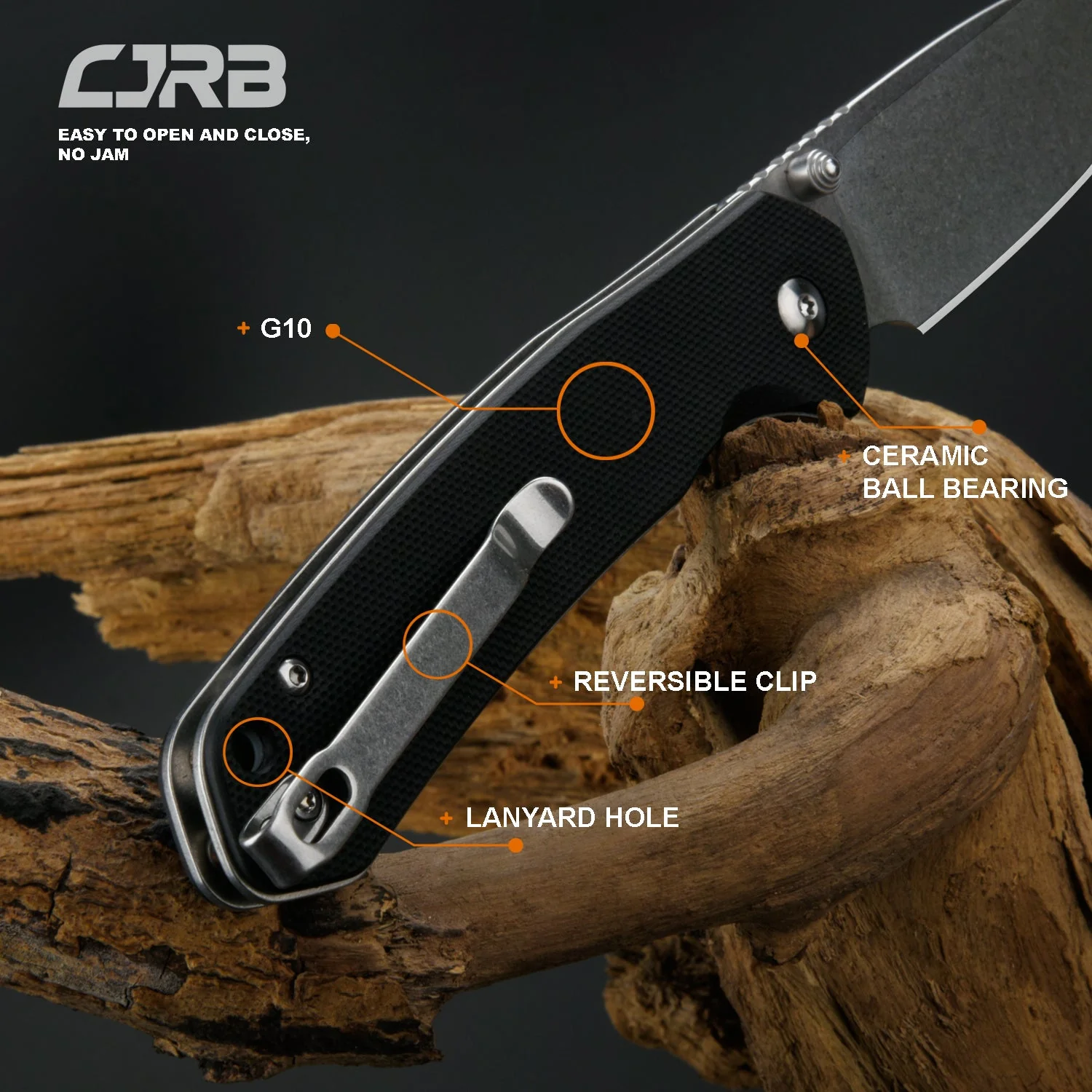 CJRB Pyrite J1925 AR-RPM9 Steel Stone Wash Blade G10 Handle Folding Knives - Black (J1925-BK) - Image 3