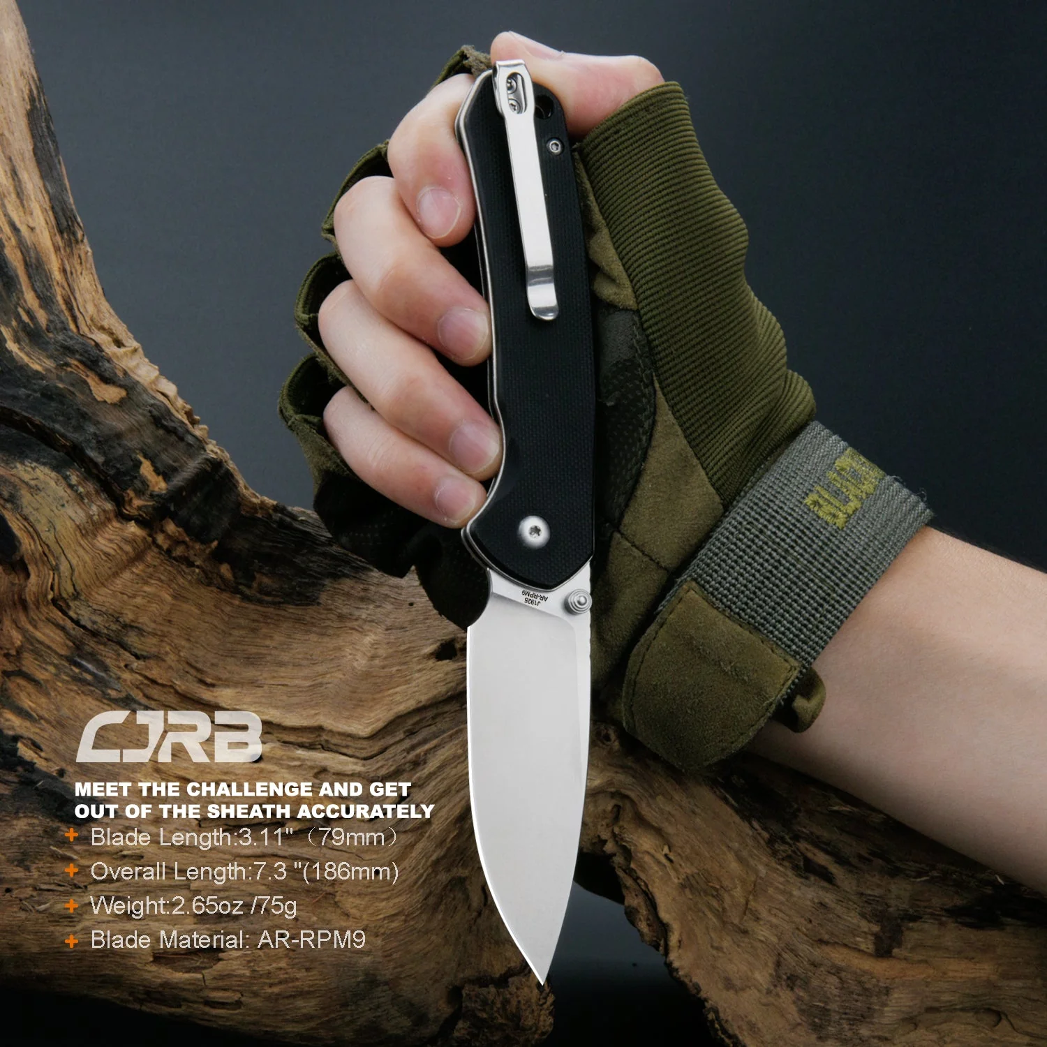 CJRB Pyrite J1925 AR-RPM9 Steel Stone Wash Blade G10 Handle Folding Knives - Black (J1925-BK) - Image 5