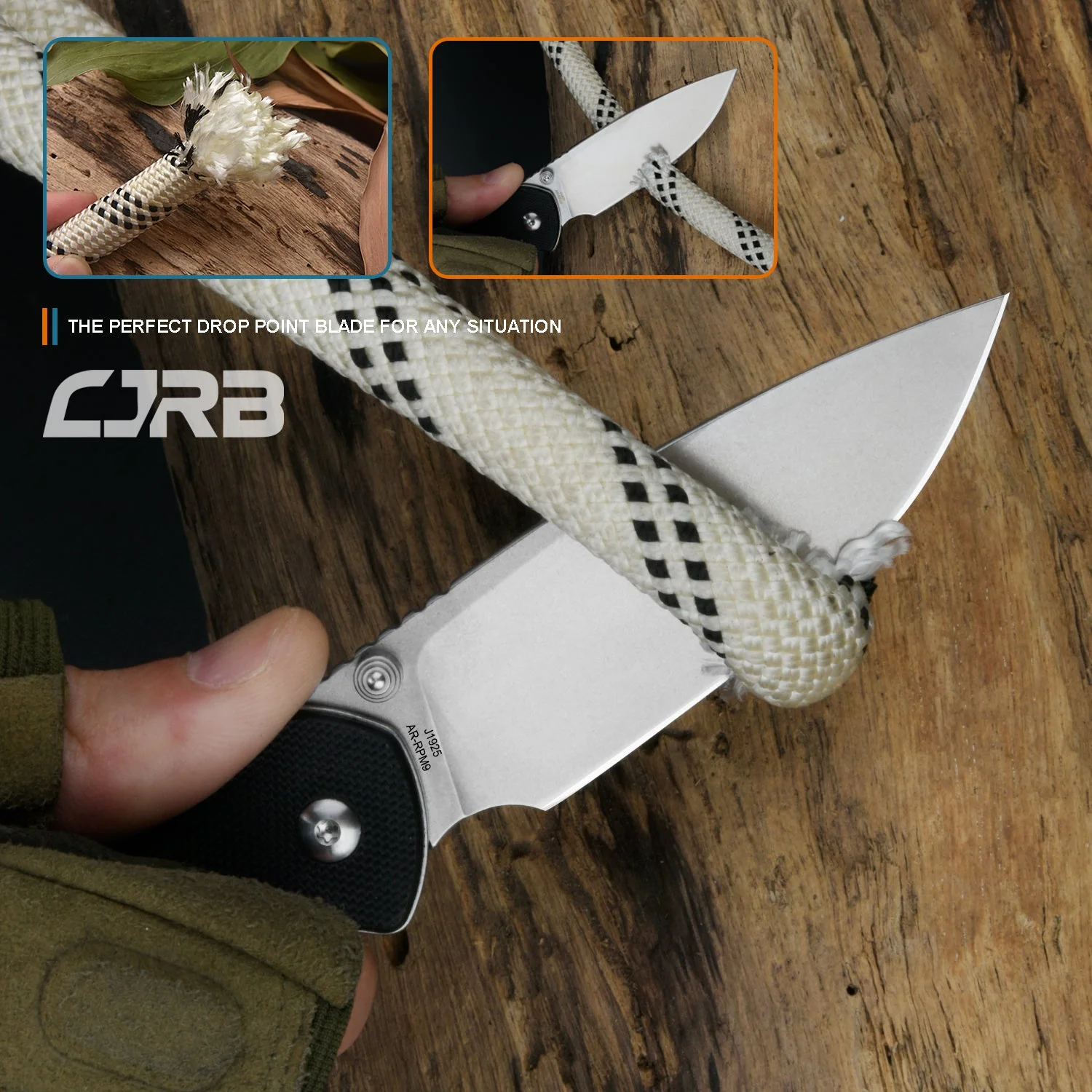 CJRB Pyrite J1925 AR-RPM9 Steel Stone Wash Blade G10 Handle Folding Knives - Black (J1925-BK) - Image 6