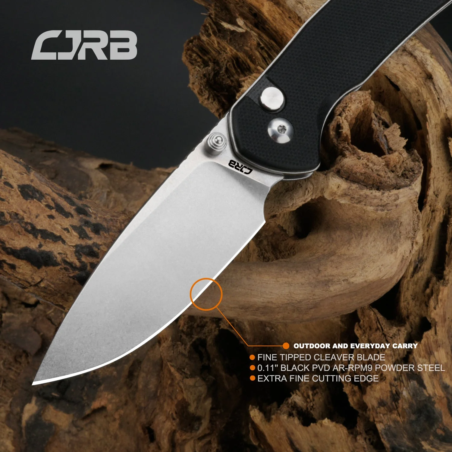 CJRB Pyrite J1925 AR-RPM9 Steel Stone Wash Blade G10 Handle Folding Knives - Black (J1925-BK) - Image 8